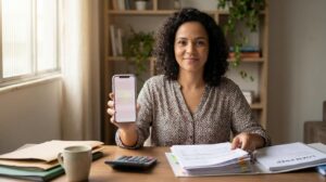 Mulher brasileira segurando smartphone e documentos organizados em uma mesa com expressão confiante ao preparar pedido de empréstimo com segurança