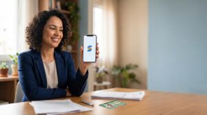 Mulher brasileira segurando celular com o app SuperSim aberto enquanto consulta documentos sobre a mesa, transmitindo segurança e rapidez no pedido de empréstimo