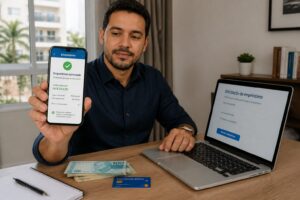 Brazilian man at a desk using a smartphone and laptop to apply for an online loan while holding cash in Brazilian real.