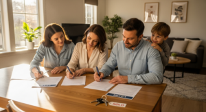 Família feliz obtém empréstimo usando imóvel como garantia