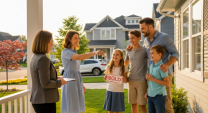 Empréstimo com garantia de imóvel: família feliz com as chaves da casa.
