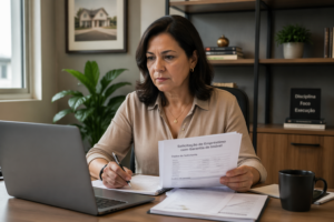 A woman reviewing home equity loan documents at her desk in an office