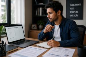 A young Brazilian man reviewing a loan application on his laptop in an office setting