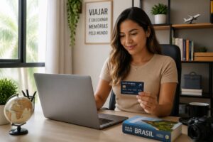 A young Brazilian woman reviewing her airline miles credit card on a laptop in a bright home office
