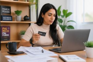 A young Brazilian woman reviewing credit card documents at her desk while holding a credit card.