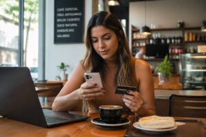 A young Brazilian woman reviewing her international credit card on a smartphone at a café table