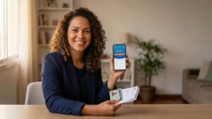 Mulher brasileira segurando celular com a interface do app Jeitto na tela e documento na outra mão em um ambiente claro, demonstrando segurança no pedido de empréstimo