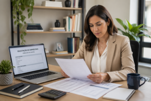 A woman reviewing financial documents while applying for a loan in her home office.