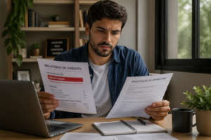 A young Brazilian man reviewing loan documents with a concerned expression in a home office setting
