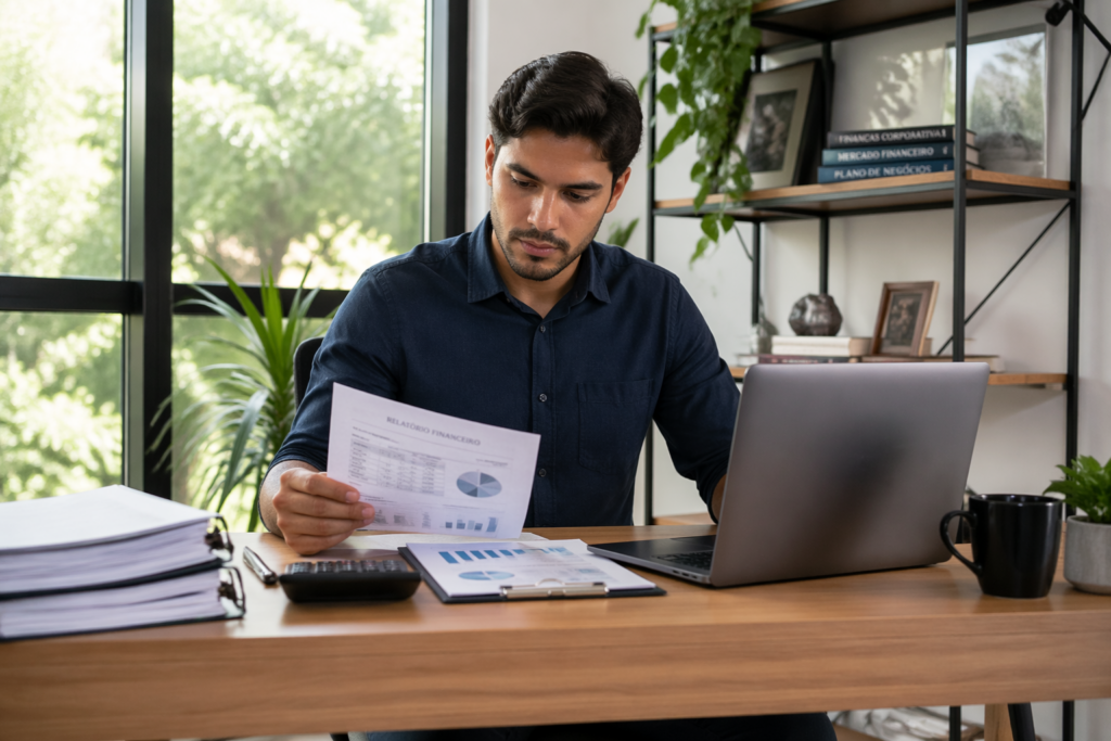 A young Brazilian man reviewing financial documents at his desk in an office