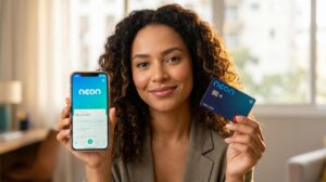Mulher brasileira segura smartphone com o app Neon aberto e um cartão Neon na outra mão mostrando controle de limite e fatura no celular