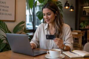 A young professional woman reviewing her credit card statement at a café, holding a Nomad credit card.