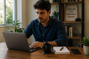 A young Brazilian man working on a laptop to apply for a personal loan at C6 Bank in a home office.