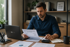 A man reviewing personal loan documents at his desk in a modern office