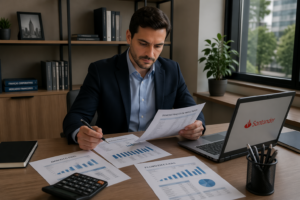 A man reviewing financial documents and using a laptop in a modern office, focused on personal loans.