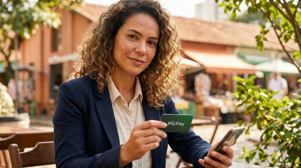 Mulher brasileira segurando um cartão PicPay e um celular, mostrando confiança no controle do dinheiro