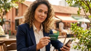 Mulher brasileira segurando um cartão PicPay e um celular, mostrando confiança no controle do dinheiro