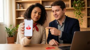 Mulher brasileira segurando celular com o ícone do Santander e homem brasileiro apontando a tela explicando como pedir um empréstimo consignado