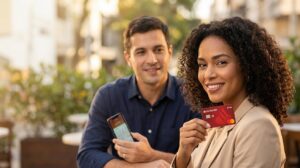 Mulher brasileira segurando um cartão Santander Free vermelho em primeiro plano e homem brasileiro ao lado com um celular com a tela desfocada mostrando um app de finanças