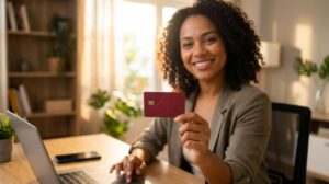 Mulher brasileira segurando cartão vermelho do Santander Free na frente de um laptop, sorrindo enquanto verifica o cartão