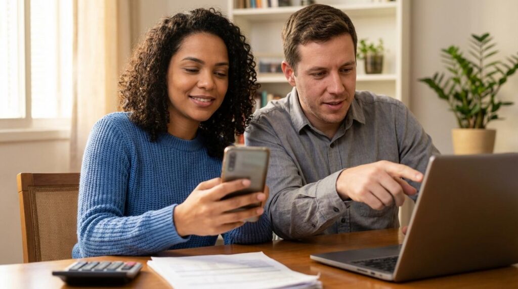Homem e mulher olhando para laptop e celular enquanto comparam uma simulação de empréstimo com calculadora na mesa