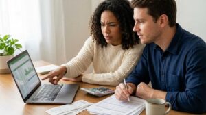 Mulher e homem analisando simulação de empréstimo no notebook com calculadora e papéis sobre a mesa