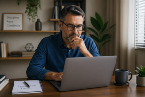A man simulating a loan application online in a home office