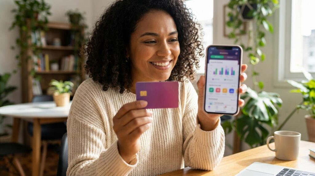 Mulher brasileira segura cartão roxo estilo Neon e um smartphone com app bancário desfocado para mostrar controle das finanças