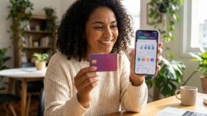 Mulher brasileira segura cartão roxo estilo Neon e um smartphone com app bancário desfocado para mostrar controle das finanças