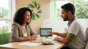 Mulher cliente e homem consultor em agência com cores verdes conversando sobre documentos e tablet borrado, mostrando atendimento rápido e seguro para pedir crédito