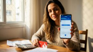 Uma mulher brasileira conferindo pedido de empréstimo no smartphone com cartão vermelho do banco ao lado, expressão aliviada e papéis e calculadora desfocados ao fundo