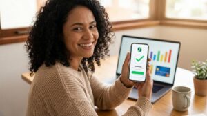 Mulher brasileira segurando celular que mostra aprovação de empréstimo com notebook ao fundo mostrando comparação de ofertas. Ela está aliviada e confiante.